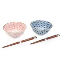 ceramic bowl and wooden chopsticks set red and blue hexagon pattern