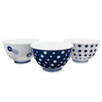 ceramic small bowl set white and blue mixed dot patterns