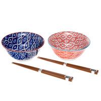 Ceramic Bowl and Wooden Chopsticks Set - Blue and Red, Trellis Pattern