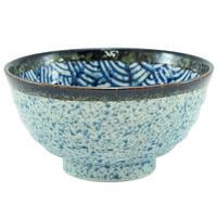 Ceramic Noodle Bowl - Blue And White, Wave Pattern With Brown Ribbon
