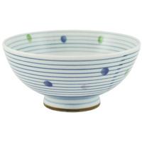 Ceramic Rice Bowl - White, Blue Lines And Dots Pattern
