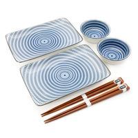 Ceramic Dining Set - White, Blue Concentric Circle Pattern