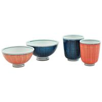 Ceramic Rice Bowl And Teacup Dining Set - Red And Blue