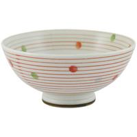 Ceramic Rice Bowl - White, Red Lines And Dots Pattern