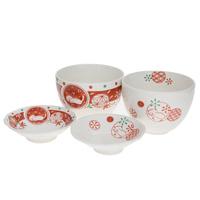 Ceramic Dining Set - White, Red Cat and Temari Pattern