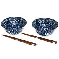 Ceramic Bowl And Chopsticks Set - Blue, Cherry Blossom Pattern