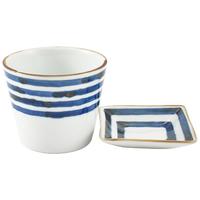 Ceramic Cup And Side Dish Set - White, Blue Stripe Pattern