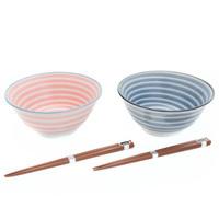 Ceramic Bowl and Wooden Chopsticks Set - Red And Blue Stripes Pattern