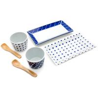 ceramic dining set white and blue polka dot pattern