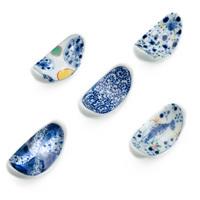 Ceramic Chopstick Rest Set - Curved, Blue with Mixed Patterns