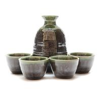 ceramic sake set deep brown with green ribbon