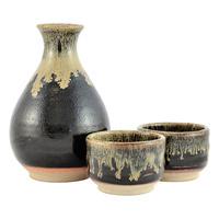 Ceramic Sake Set - Black And Brown, Dripping Paint Effect