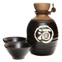 Ceramic Sake Set - Black, Sake Kanji Pattern
