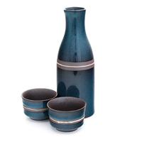 Ceramic Sake Set - Blue, Brown Stripe