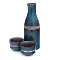 ceramic sake set blue brown stripe