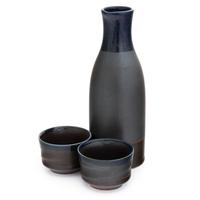 Ceramic Sake Set - Black With Blue Rim