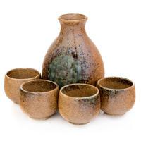 Ceramic Sake Set - Brown And Green, Mottled Pattern