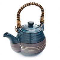 Ceramic Teapot - Blue And Brown, White Stripes Pattern