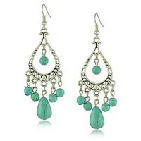 Chic Unique Tibetan Silver Hollow Design Turquoise Drop Earrings