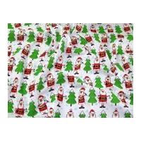 Christmas Trees & Santa Print Polycotton Dress Fabric White