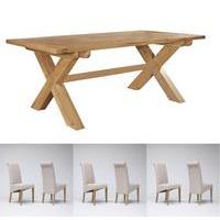 Chiltern Grand Oak Fixed Top Cross Leg Dining Table & 6 or 8 Tivoli Oak Fabric Rollback Chairs (6 Green Chairs)