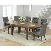 Chelsea Dark Oak Extending Dining Table with 8 Anais Fabric Dark Oak Leg Chairs