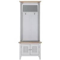 Chalked Oak and Light Grey Hall Storage with Mirror - 2 Louvered Door with Plush Slate Fabric Seat