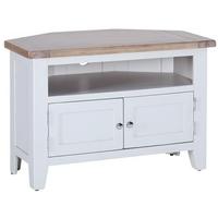 Chalked Oak and Light Grey TV Unit - 90 Degree Corner with 2 Doors and 2 Shelves