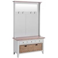 Chalked Oak and Light Grey Hall Tidy Bench with Coat Rack Mirror - 3 Drawer and Basket Drawer