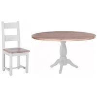 Chalked Oak and Light Grey Dining Set - Round Pedestal with 4 Horizontal Slats Chairs