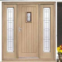 Chancery Onyx External Oak Door and Frame with Two Side Screens and Bevelled style Tri Glazed