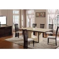 chic cream marble dining table and 6 contempo chairs