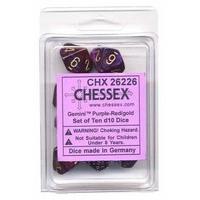 Chessex Dice Sets: Gemini Purple & Red with Gold - Ten Sided Die d10 Set (10)