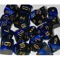 Chessex Dice Sets: Gemini Black & Blue with Gold - Ten Sided Die d10 Set (10)