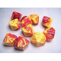 Chessex Dice Sets: Gemini Red & Yellow with White - Ten Sided Die d10 Set (10)