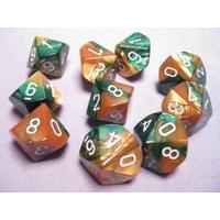 Chessex Dice Sets: Gemini Gold & Green with White - Ten Sided Die d10 Set (10)