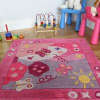 Children\'s Pink Butterfly Extra Soft Square Rug Kiddy 90x90cm