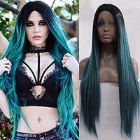 Cheap Green Synthetic Lace Front Hair Wig With Baby Silk Straight Long Wig with Dark Root Two Tone Color Fashion Daily Wig