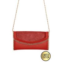 chain edge faux fur large purse red