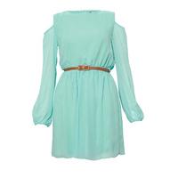 chiffon cut out shoulder belted dress