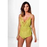 chiffon lace trim sheer teddy green