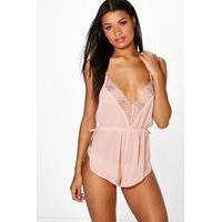 Chiffon Lace Trim Sheer Teddy - blush