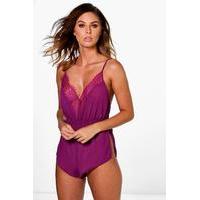 chiffon lace trim sheer teddy purple