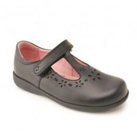 Charlotte, Black Leather Girls T-bar Riptape School Shoes