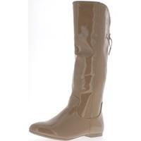 chaussmoi beige boots taupe flat patent leather look womens high boots ...