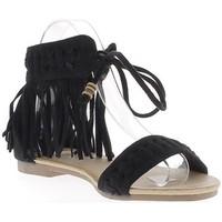 chaussmoi black flat sandals to twill tape 1 cm look suede with fringe ...