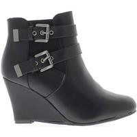 chaussmoi black wedge boots flanged 8cm heel lined womens low ankle bo ...