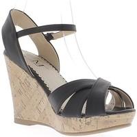 chaussmoi black wedge sandals at 10cm leather look heel brides crossed ...