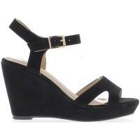 Chaussmoi Black wedge sandals at 10cm aspect suede buckle heels women\'s Sandals in black