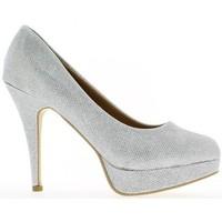 Chaussmoi Shoes large women size silver sequinned 12cm heel and platform women\'s Court Shoes in grey
